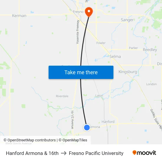 Hanford Armona & 16th to Fresno Pacific University map