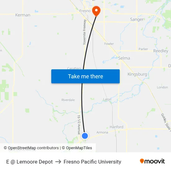 E @ Lemoore Depot to Fresno Pacific University map