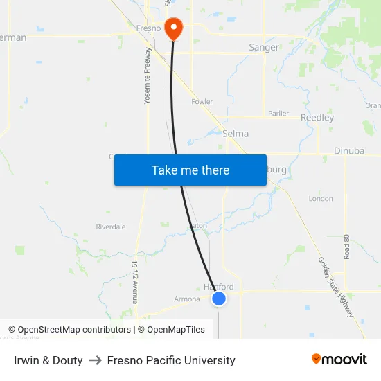 Irwin & Douty to Fresno Pacific University map