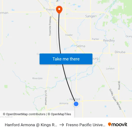 Hanford Armona @ Kings Rehab to Fresno Pacific University map