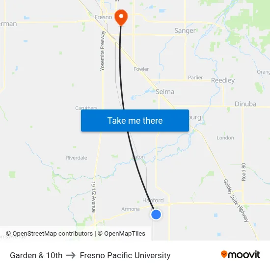 Garden & 10th to Fresno Pacific University map