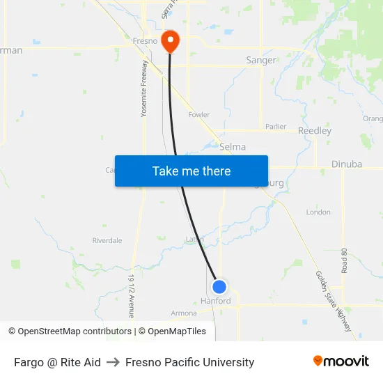 Fargo @ Rite Aid to Fresno Pacific University map