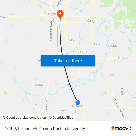 10th & Leland to Fresno Pacific University map