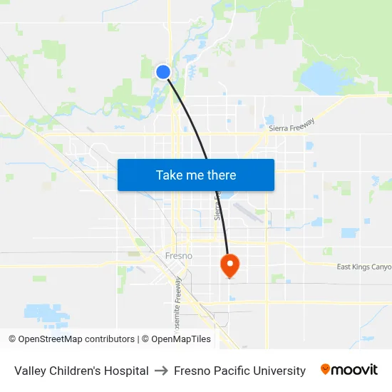 Valley Children's Hospital to Fresno Pacific University map