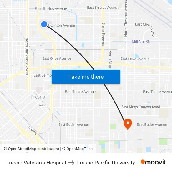 Fresno Veteran's Hospital to Fresno Pacific University map