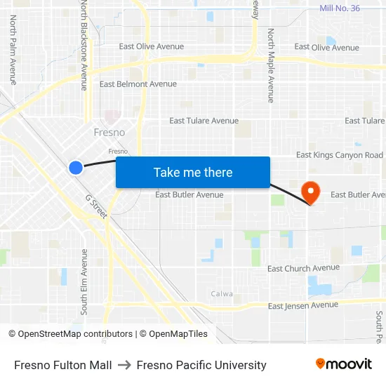 Fresno Fulton Mall to Fresno Pacific University map