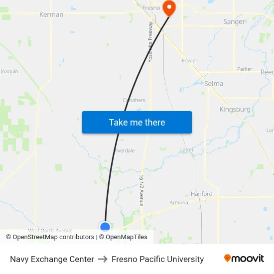 Navy Exchange Center to Fresno Pacific University map
