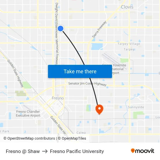 Fresno @ Shaw to Fresno Pacific University map