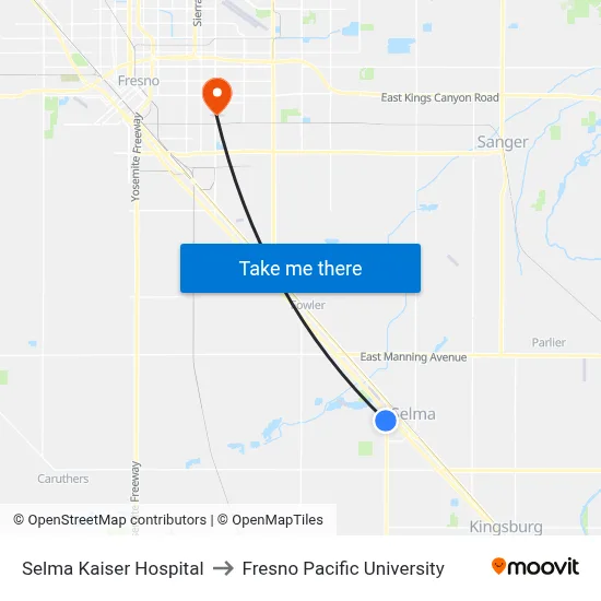 Selma Kaiser Hospital to Fresno Pacific University map