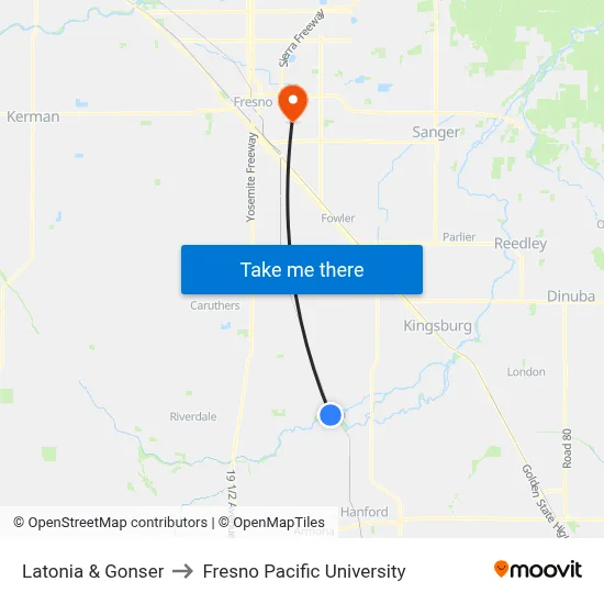 Latonia & Gonser to Fresno Pacific University map