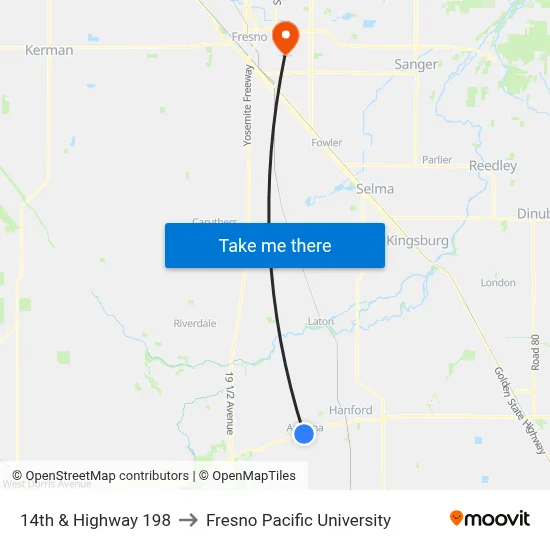 14th & Highway 198 to Fresno Pacific University map