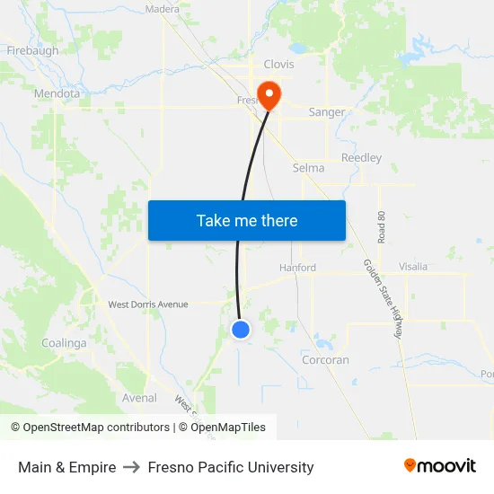 Main & Empire to Fresno Pacific University map