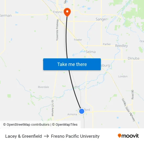Lacey & Greenfield to Fresno Pacific University map