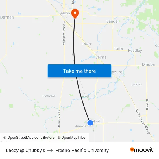 Lacey @ Chubby's to Fresno Pacific University map
