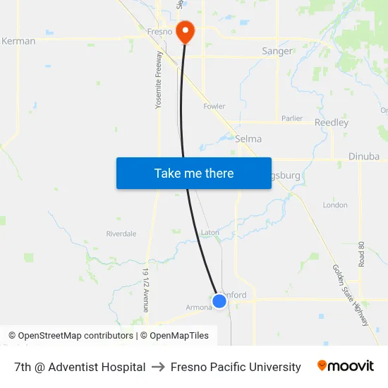 7th @ Adventist Hospital to Fresno Pacific University map