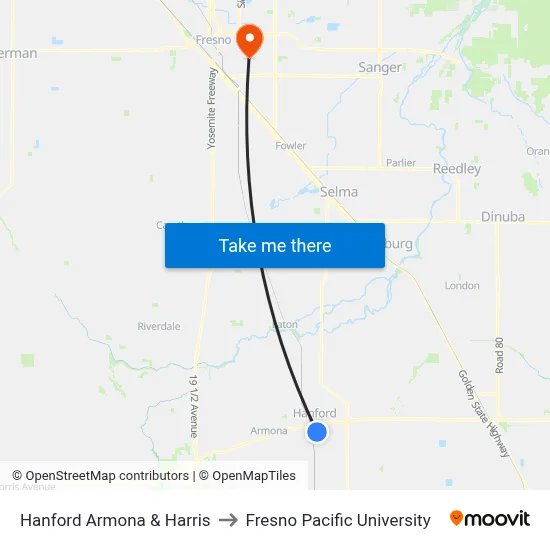 Hanford Armona & Harris to Fresno Pacific University map