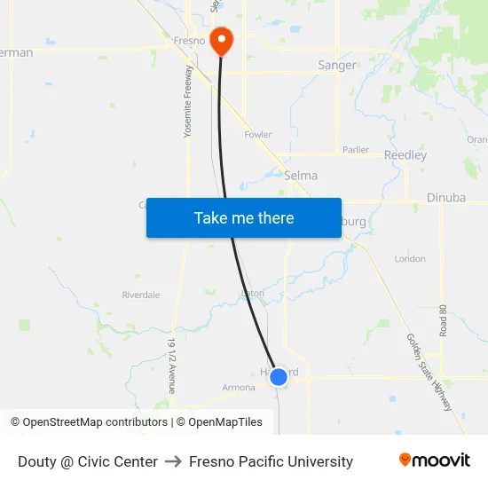 Douty @ Civic Center to Fresno Pacific University map