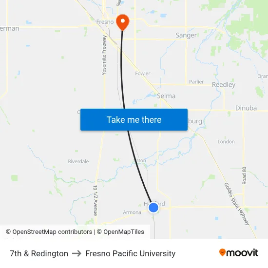 7th & Redington to Fresno Pacific University map