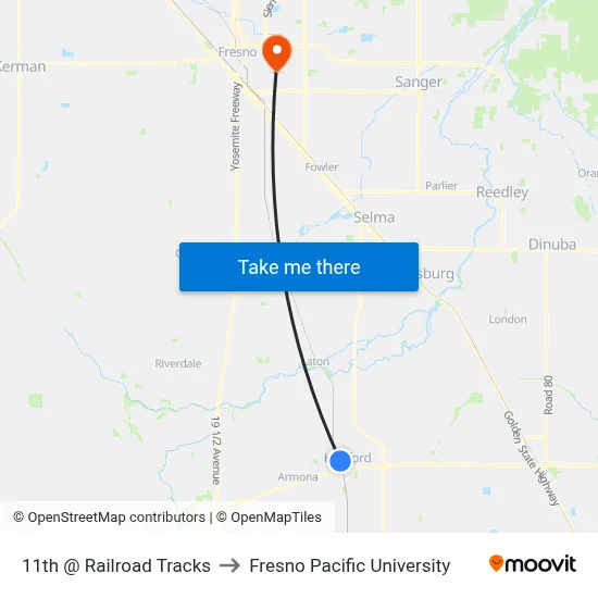 11th @ Railroad Tracks to Fresno Pacific University map