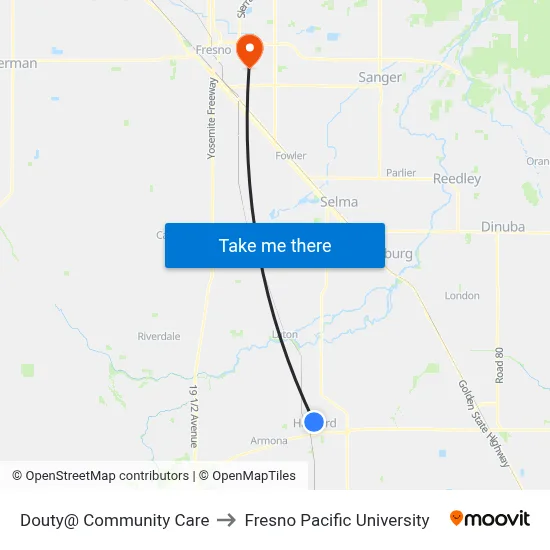 Douty@ Community Care to Fresno Pacific University map
