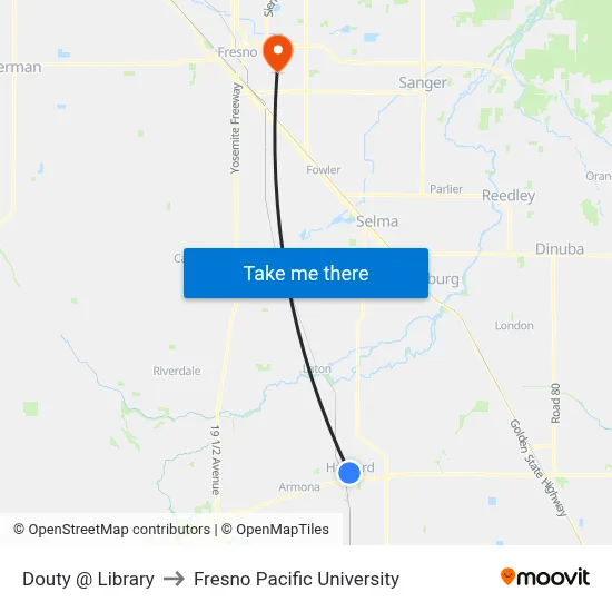 Douty @ Library to Fresno Pacific University map