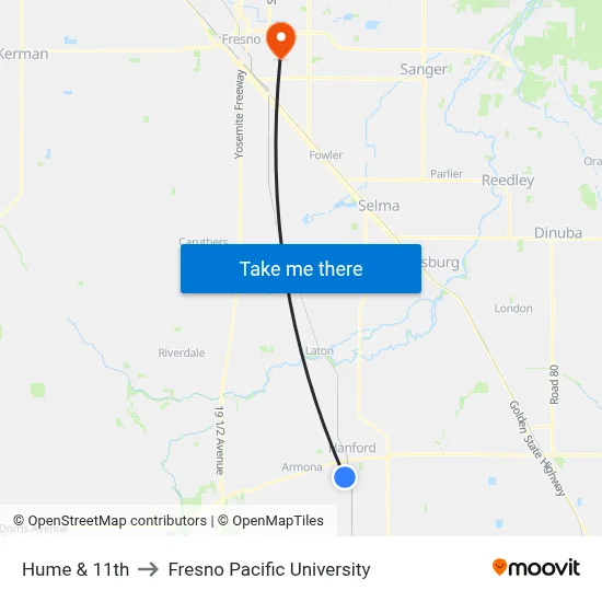 Hume & 11th to Fresno Pacific University map