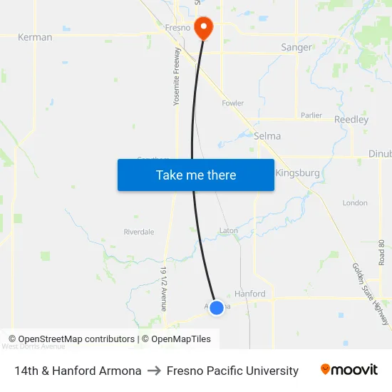 14th & Hanford Armona to Fresno Pacific University map