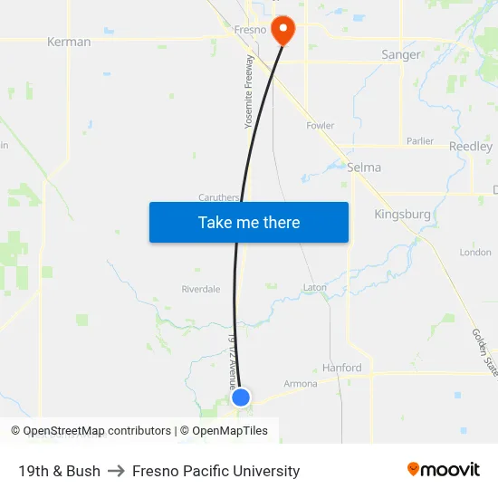 19th & Bush to Fresno Pacific University map