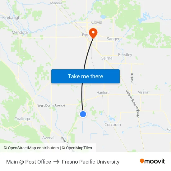 Main @ Post Office to Fresno Pacific University map