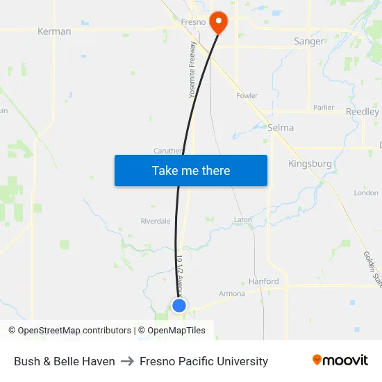 Bush & Belle Haven to Fresno Pacific University map