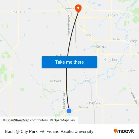 Bush @ City Park to Fresno Pacific University map