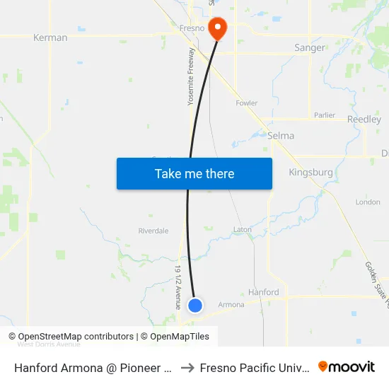 Hanford Armona @ Pioneer Square to Fresno Pacific University map