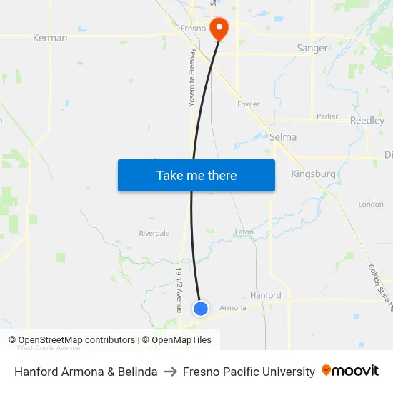 Hanford Armona & Belinda to Fresno Pacific University map
