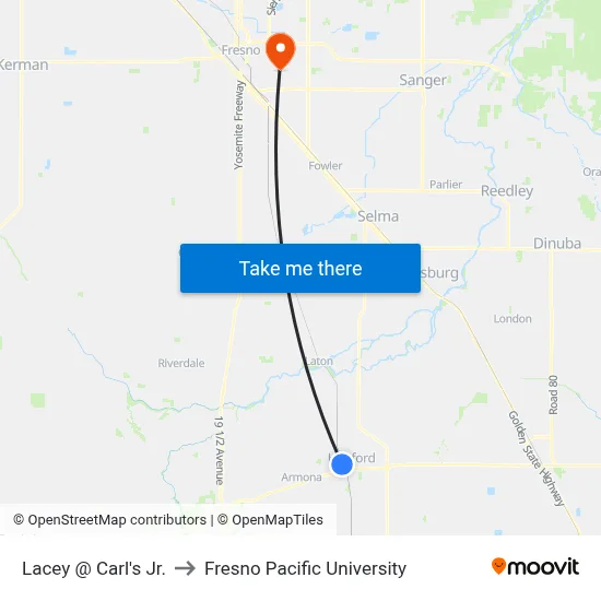 Lacey @ Carl's Jr. to Fresno Pacific University map