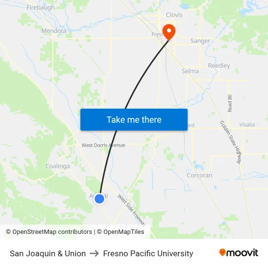 San Joaquin & Union to Fresno Pacific University map
