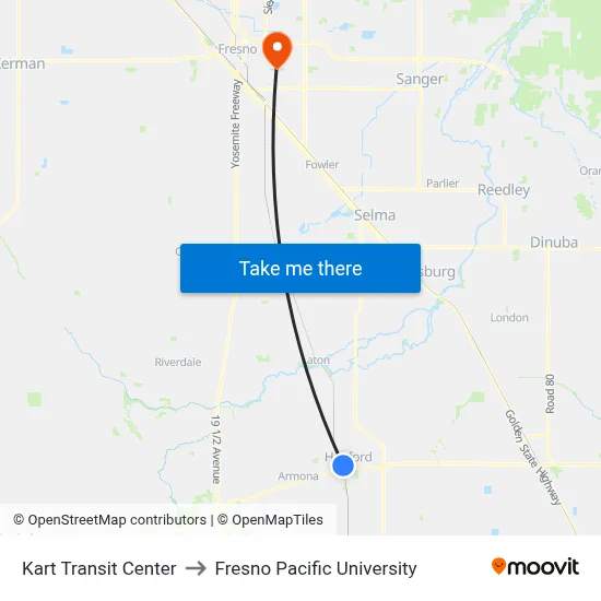 Kart Transit Center to Fresno Pacific University map