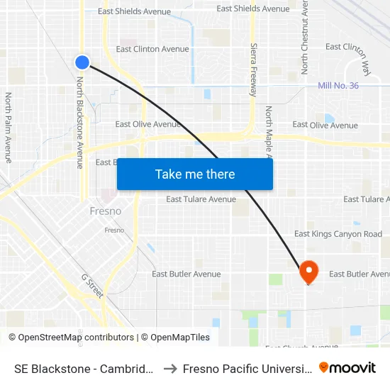 SE Blackstone - Cambridge to Fresno Pacific University map