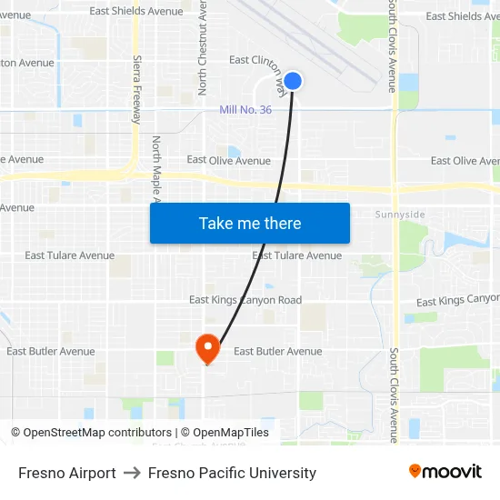 Fresno Airport to Fresno Pacific University map