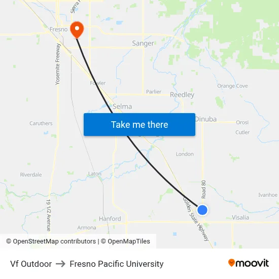 Vf Outdoor to Fresno Pacific University map