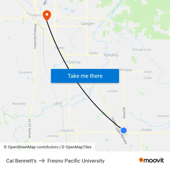 Cal Bennett's to Fresno Pacific University map