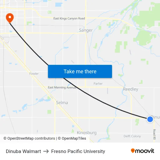Dinuba Walmart to Fresno Pacific University map