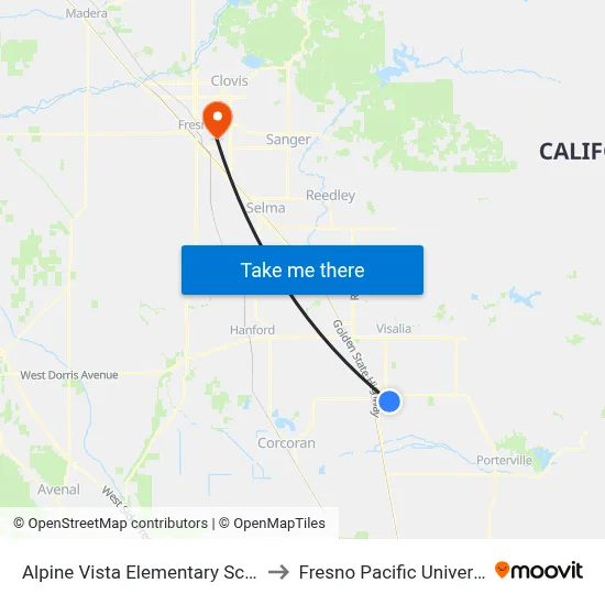 Alpine Vista Elementary School to Fresno Pacific University map