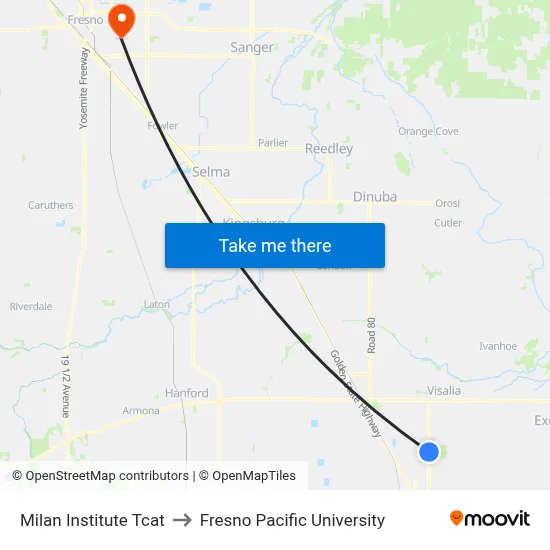 Milan Institute Tcat to Fresno Pacific University map