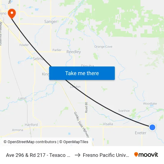 Ave 296 & Rd 217 - Texaco Exeter to Fresno Pacific University map