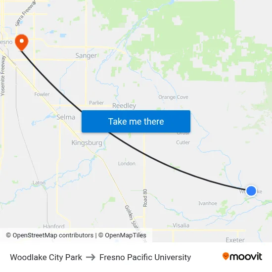 Woodlake City Park to Fresno Pacific University map