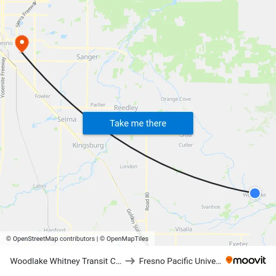 Woodlake Whitney Transit Center to Fresno Pacific University map