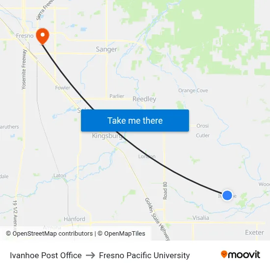 Ivanhoe Post Office to Fresno Pacific University map