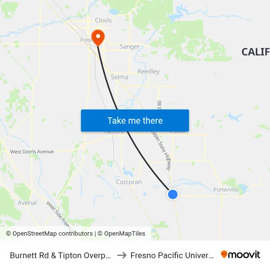 Burnett Rd & Tipton Overpass to Fresno Pacific University map
