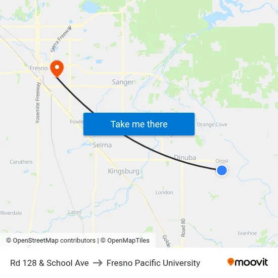 Rd 128 & School Ave to Fresno Pacific University map