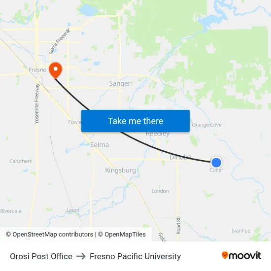 Orosi Post Office to Fresno Pacific University map